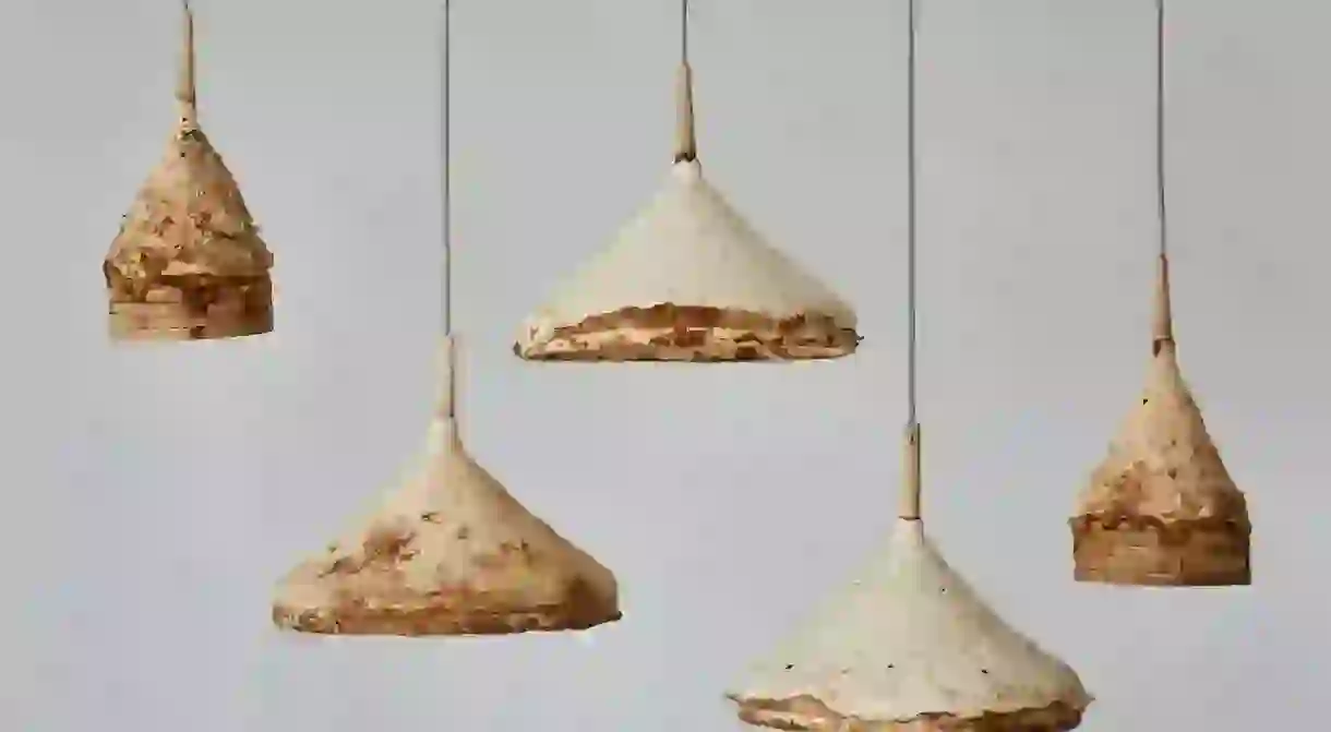 These ceiling pendant lights are made from mycelium that has been moulded into shape