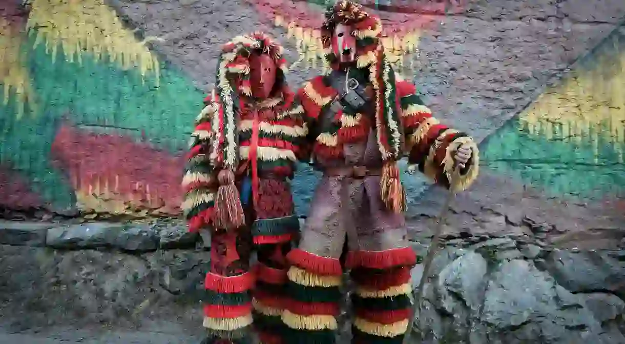 Revellers – known as ‘caretos’ – dress up in costumes of colourful wool fringes and leather masks to impersonate the devil during the Caretos Festival