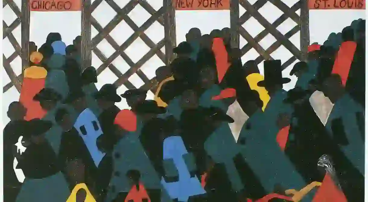 The Migration of the Negro, Panel no. 1. Tempera on hardboard, 1940-41, one of a series of paintings by Jacob Lawrence on the migration of black Americans from the south to seek jobs in northern industries during and after World W