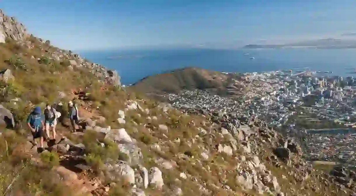 Hikers tackle the India Venster hiking path on Table Mountain in Cape Town