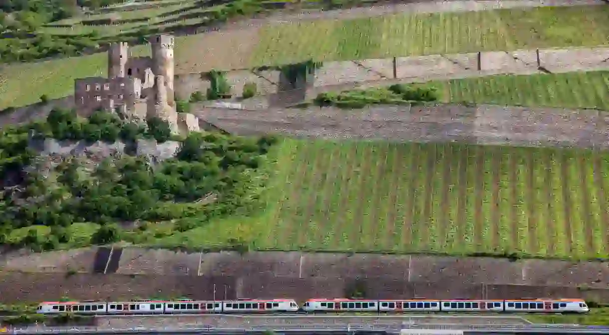 Train passing Ehrenfels castle, Rhine Valley