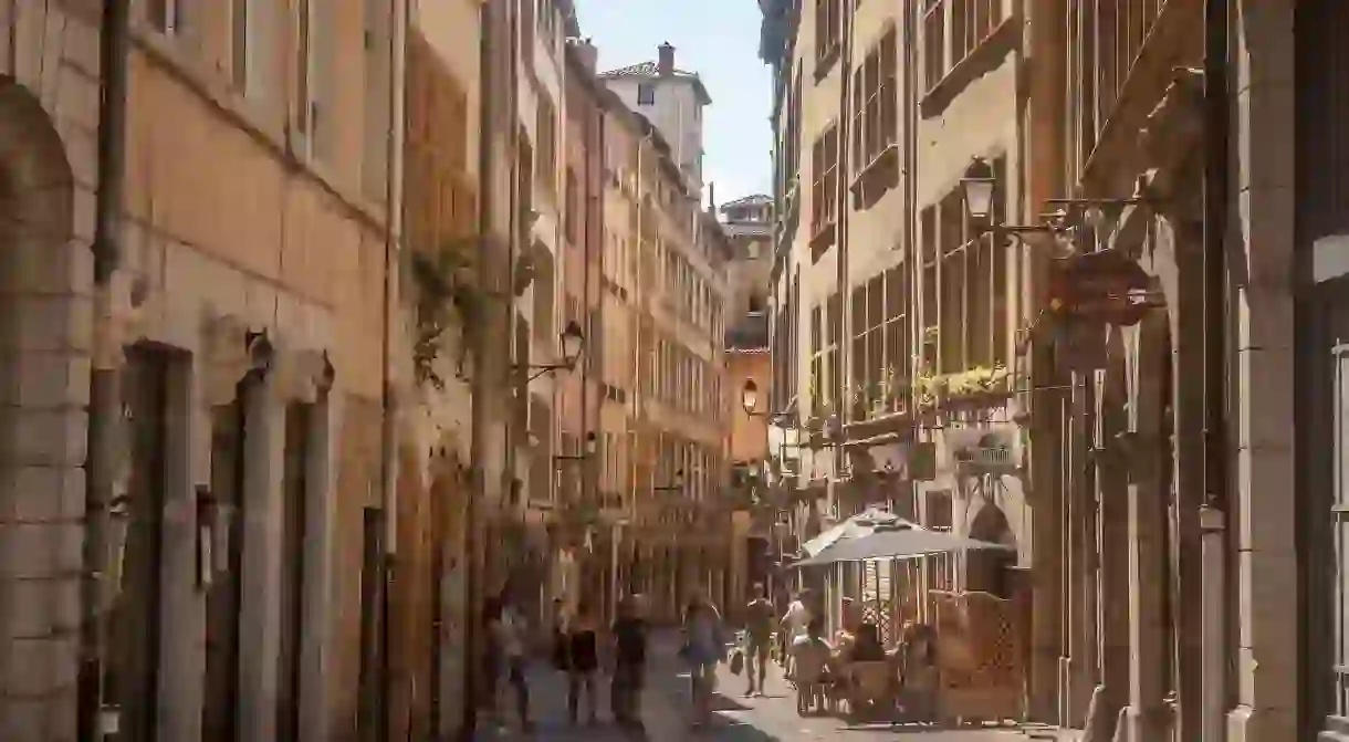 A typical narrow backstreet of Lyon and the perfect spot for a tipple