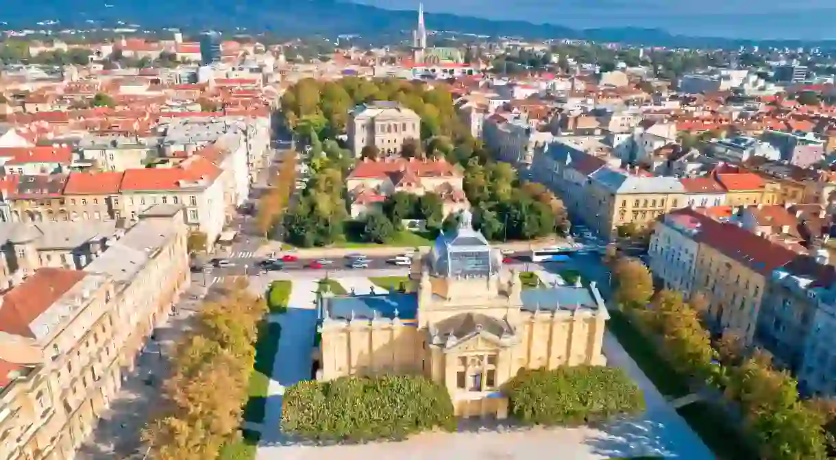 Lenuci Horseshoe parks and Zagreb landmarks aerial panoramic view, capital of Croatia