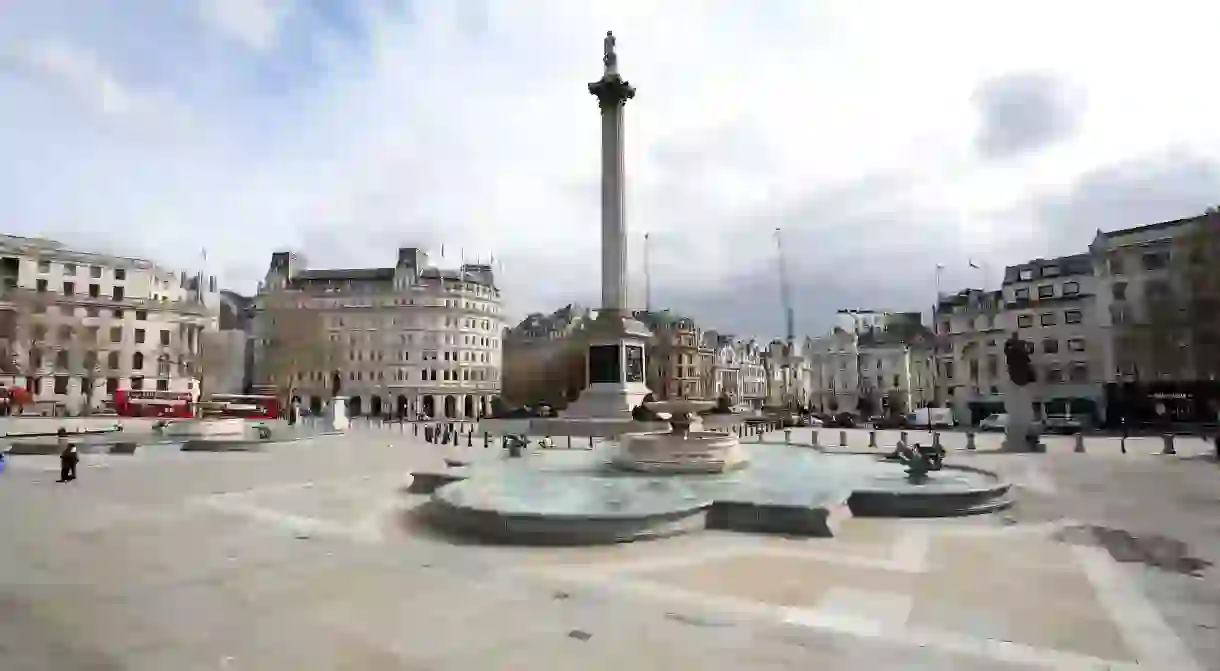 An almost deserted Trafalgar Square, in central London, as tourists and sightseers stay away and locals go into lockdown