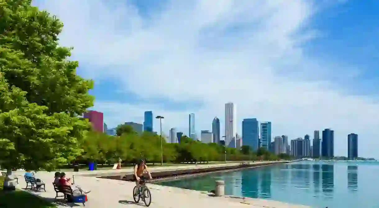 The city skyline from the lakefront in Grant Park, Chicago