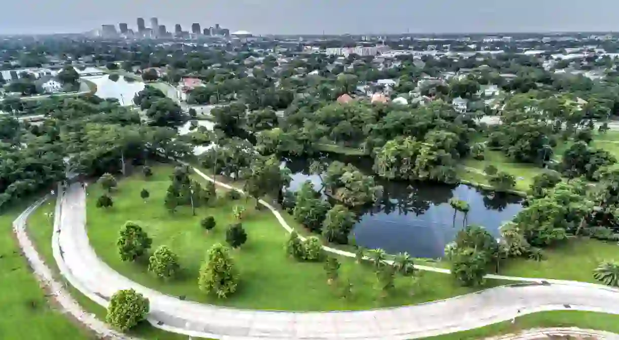 An aerial view of City Park and the New Orleans skyline