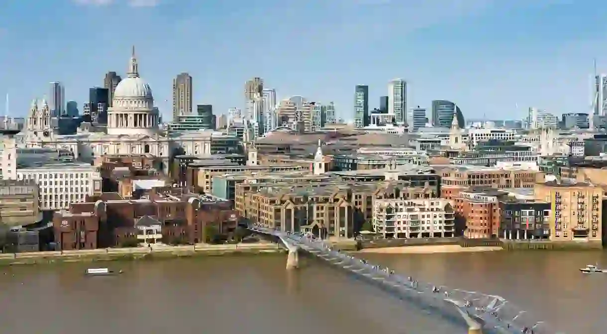 A view over the City of London, with St Pauls Cathedral and the Millennium Bridge