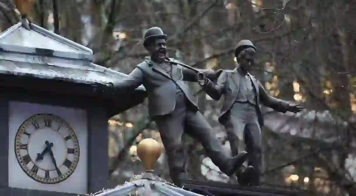 A statue of Laurel and Hardy is unveiled in London’s Leicester Square, marking its 350th anniversary and celebrating its rich history as the home of film