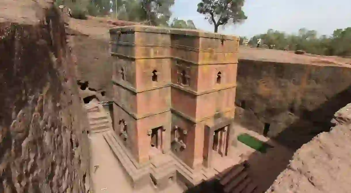 One of the famous churches in Lalibela, Ethiopia, hewn from the rocks. This one is Bete Giyorgis, the Church of Saint George