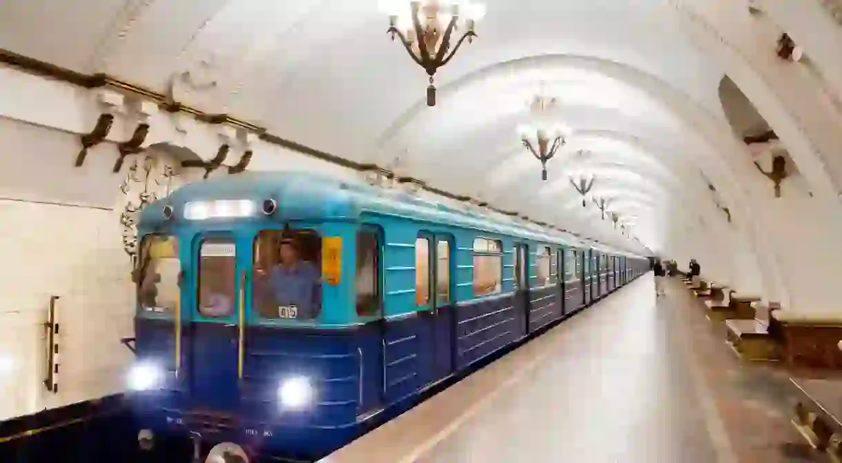 Train at Arbatskaya metro station, Moscow, Russia