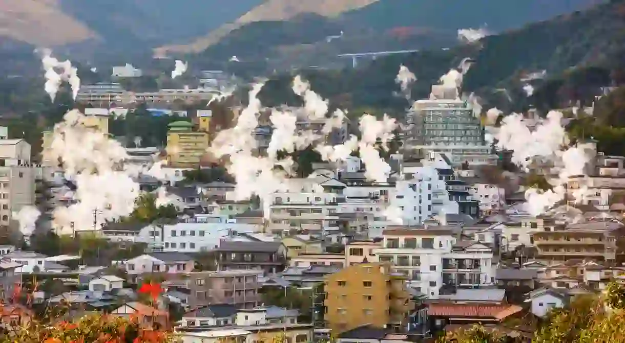 Cityscape with hot spring bath houses, Beppu, Japan