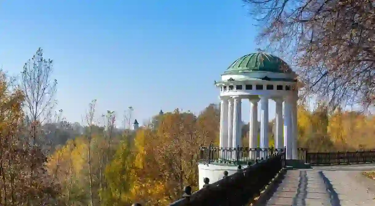 White air Rotunda on the high Bank of the Volga river in ancient Russian town of Yaroslavl