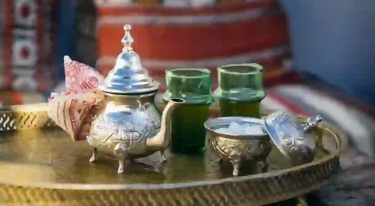 Moroccan mint tea is the national hot drink, served in a special silver teapot with sugar