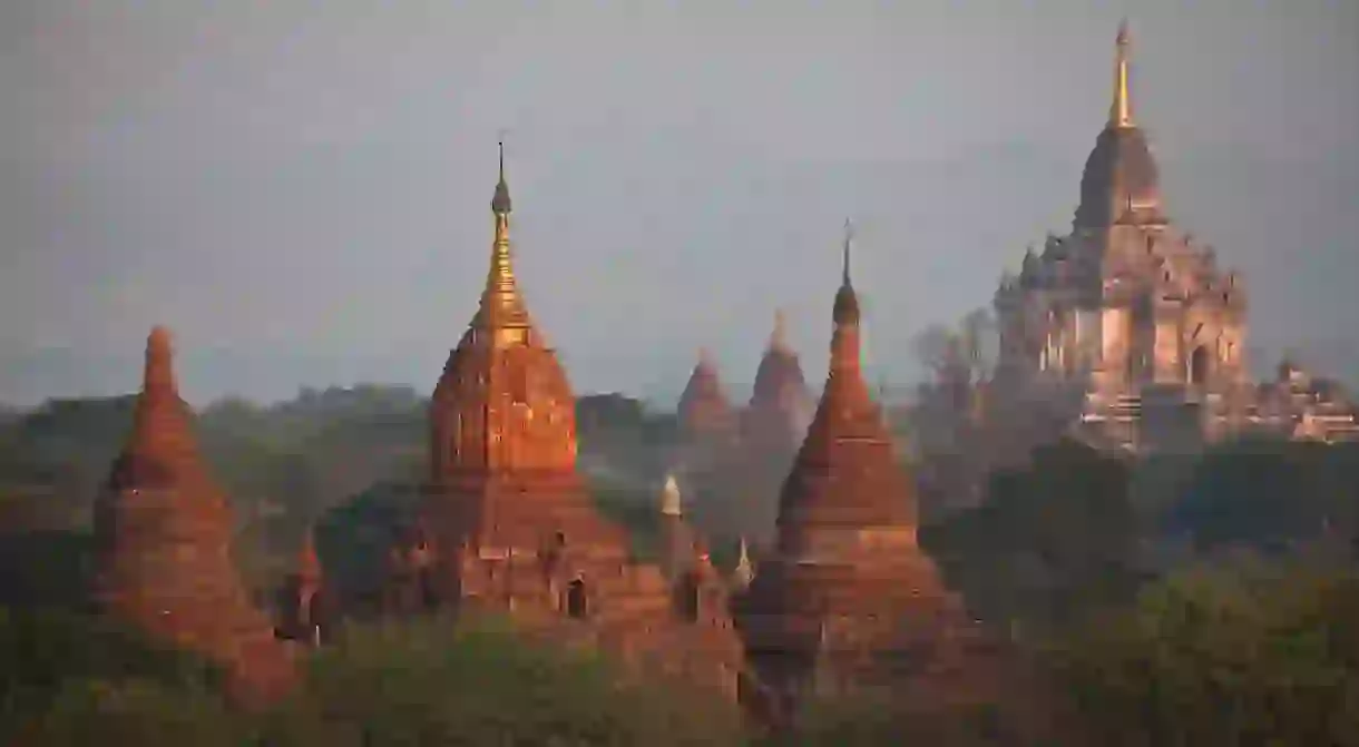 The tips of Gawdawpalin Temple gleaming in dawn