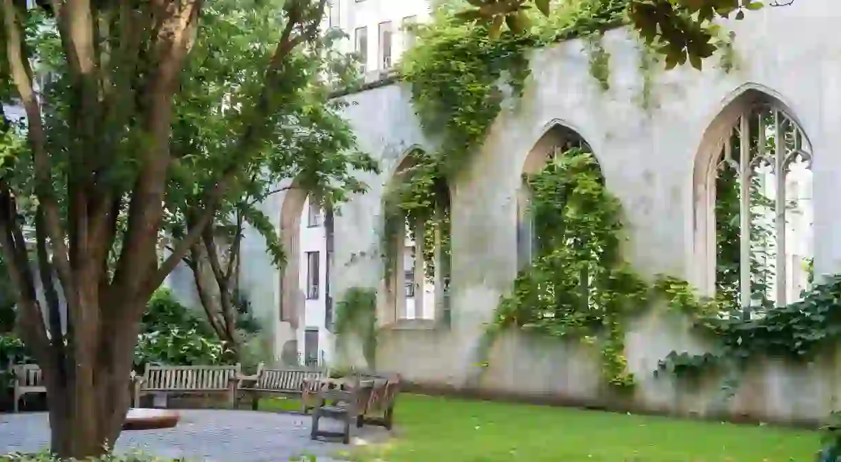 Hidden garden in the ruins of St. Dunstan in the East, London