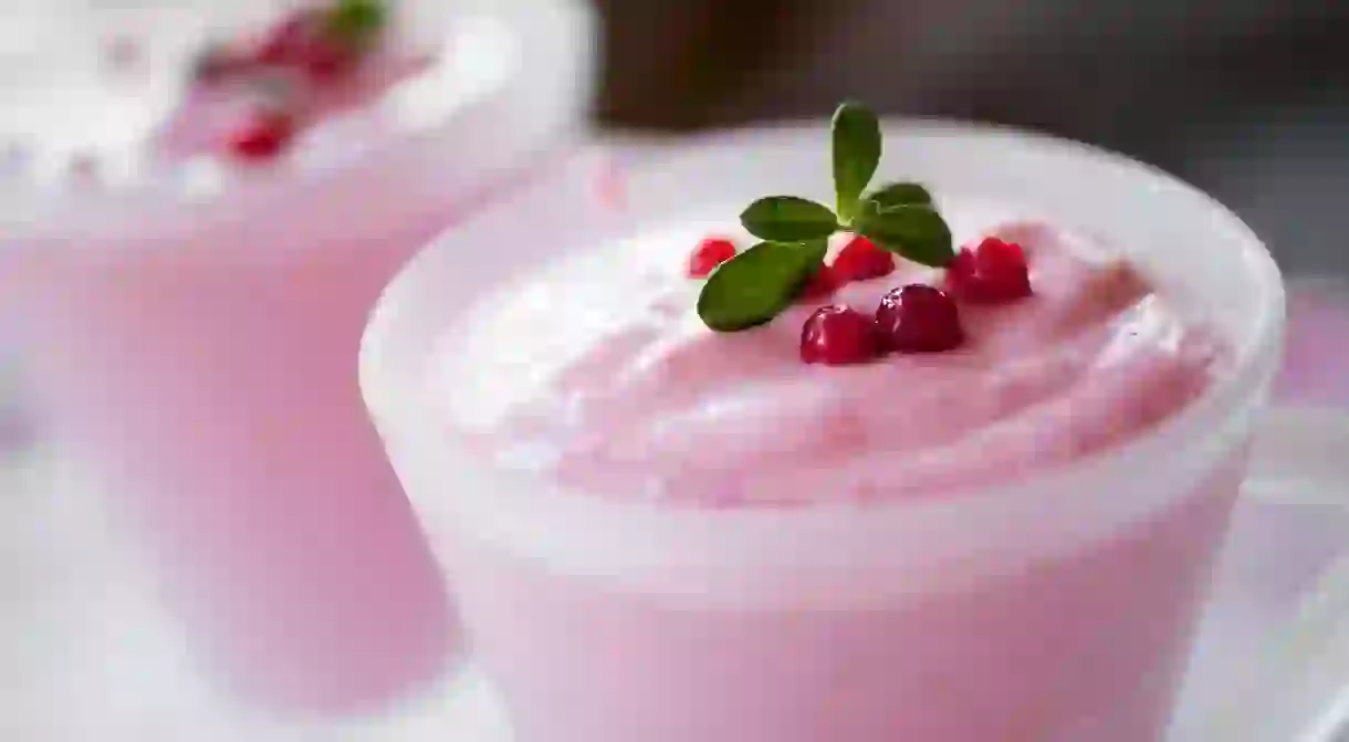 Vispipuuro is a popular Finnish whipped porridge dessert, served with lingonberries or cranberries