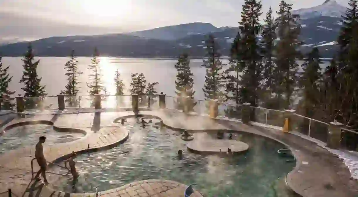 Halcyon Hot Springs sits on the banks of the Arrow Lakes and has both hot springs and a cold plunge pool