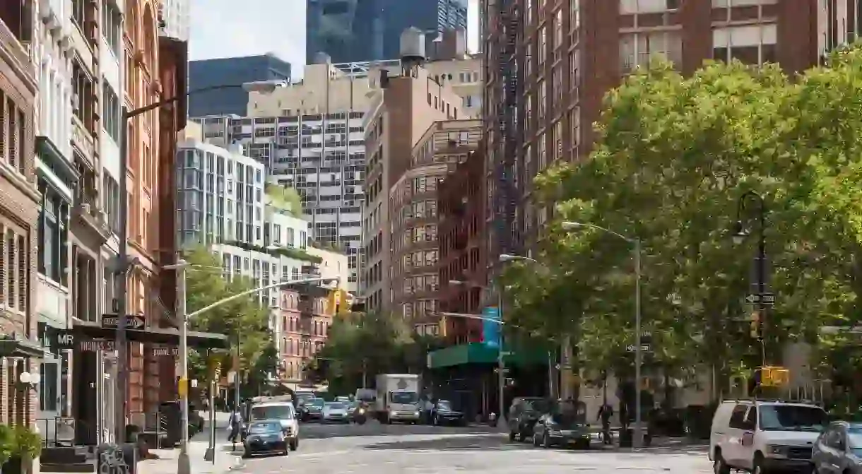 The red-brick buildings of Tribeca provide a sharp contrast to Manhattan’s steel-and-glass skyscrapers