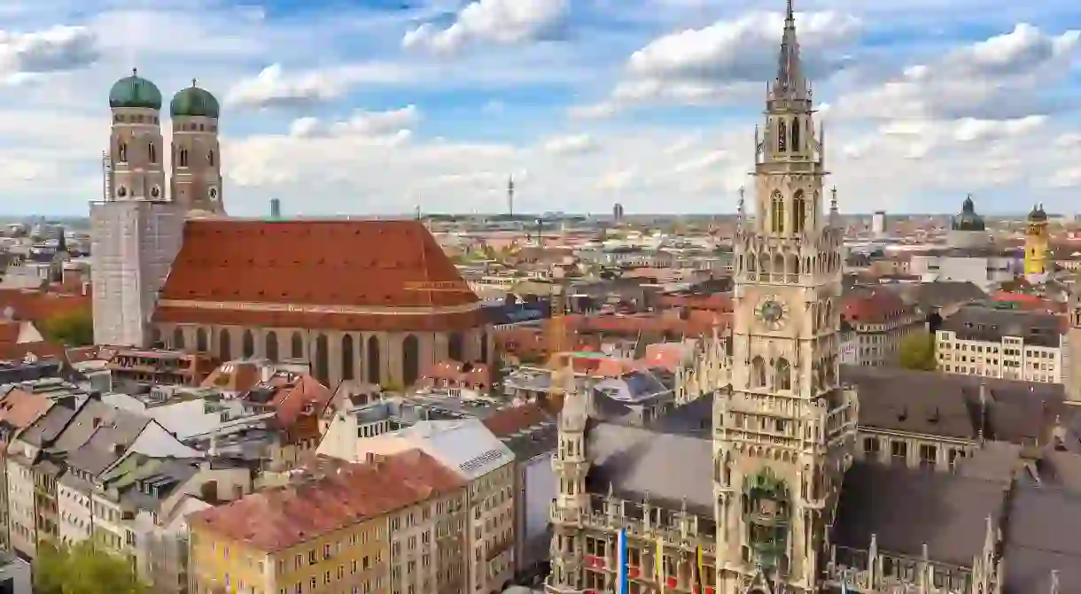 Munich city skyline at Marienplatz new town hall, Munich, Germany