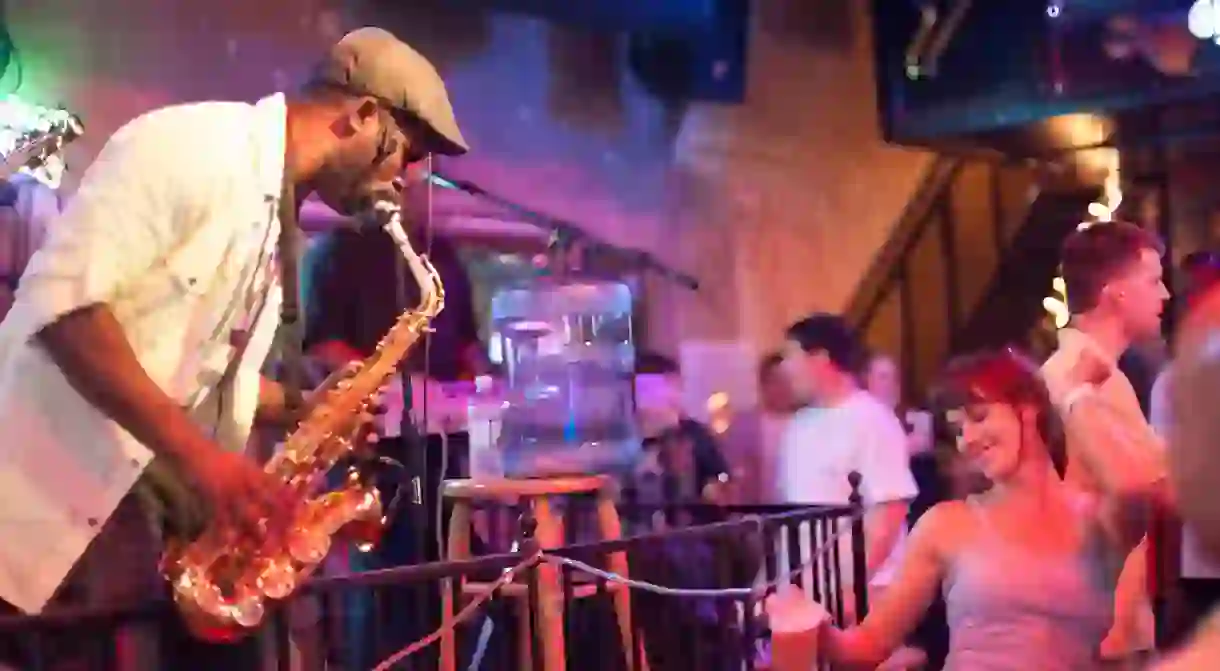 Bourbon Street in the French Quarter is famous for its nightlife and live music bars