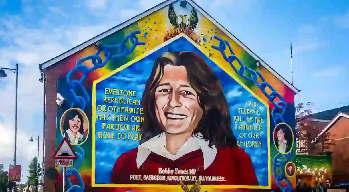 A mural of Bobby Sands adorns a wall on Belfast’s Falls Road