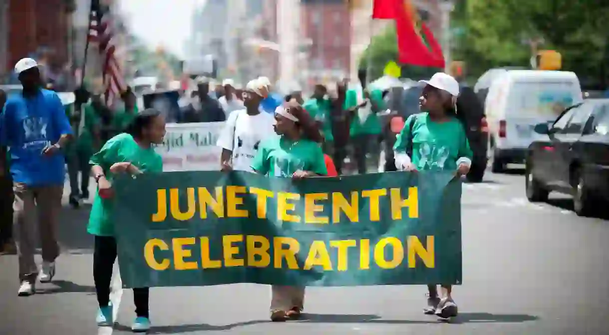 Juneteenth celebration parades – like this one, in Harlem, New York City – take place all over the country