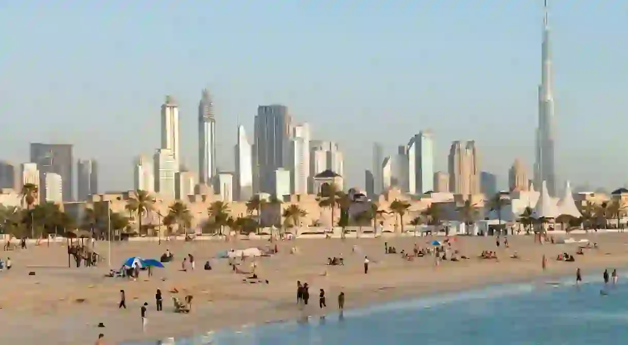 Dubai from Jumeirah Open Public Beach in United Arab Emirates, UAE