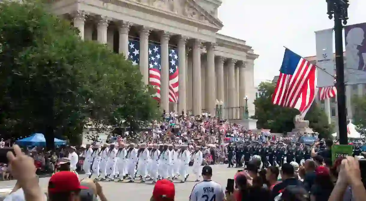 Members of the US military participate in the Fourth of July parade in Washington DC