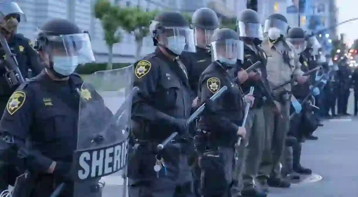 Police out in force during a protest in San Francisco on May 31, 2020, against the death of George Floyd four days earlier, in Minnesota