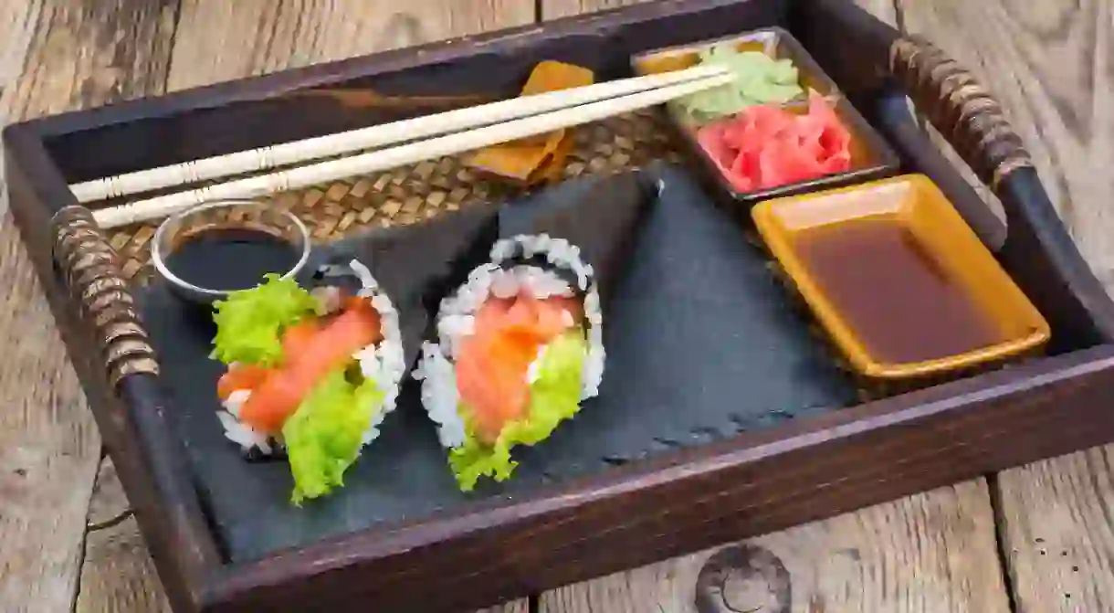 Salmon temaki sushi – served with ginger, soy and wasabi