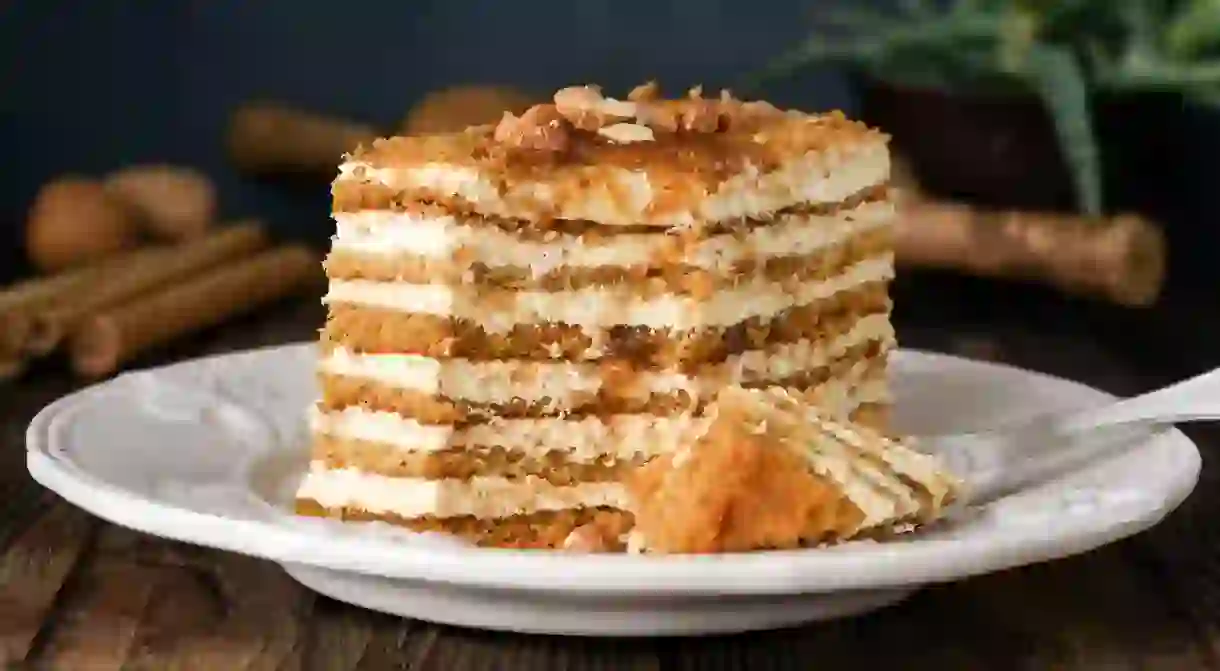 Enjoy traditional desserts like the creamy, buttery layers of napoleon or medovik, with its layers of dark, honey-flavoured sponge and sweet cream icing