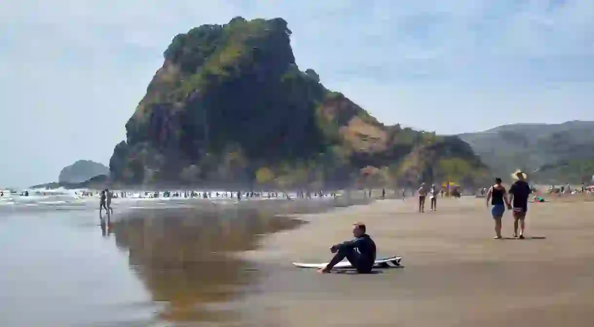 The stunning Piha Beach with Lion Rock in the background