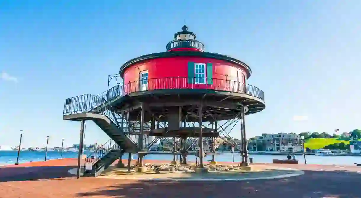 The Seven Foot Knoll Lighthouse sits in Baltimore’s Inner Harbor