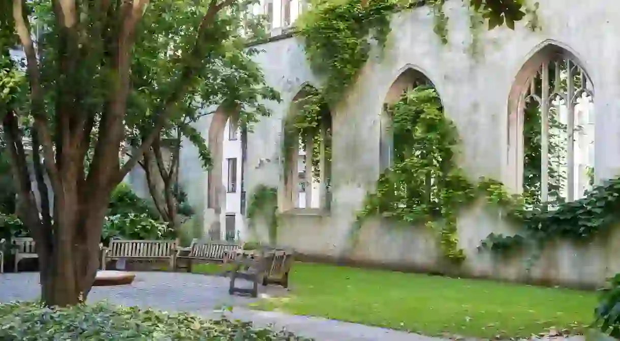 Hidden garden in the ruins of St. Dunstan in the East medieval church, City of London