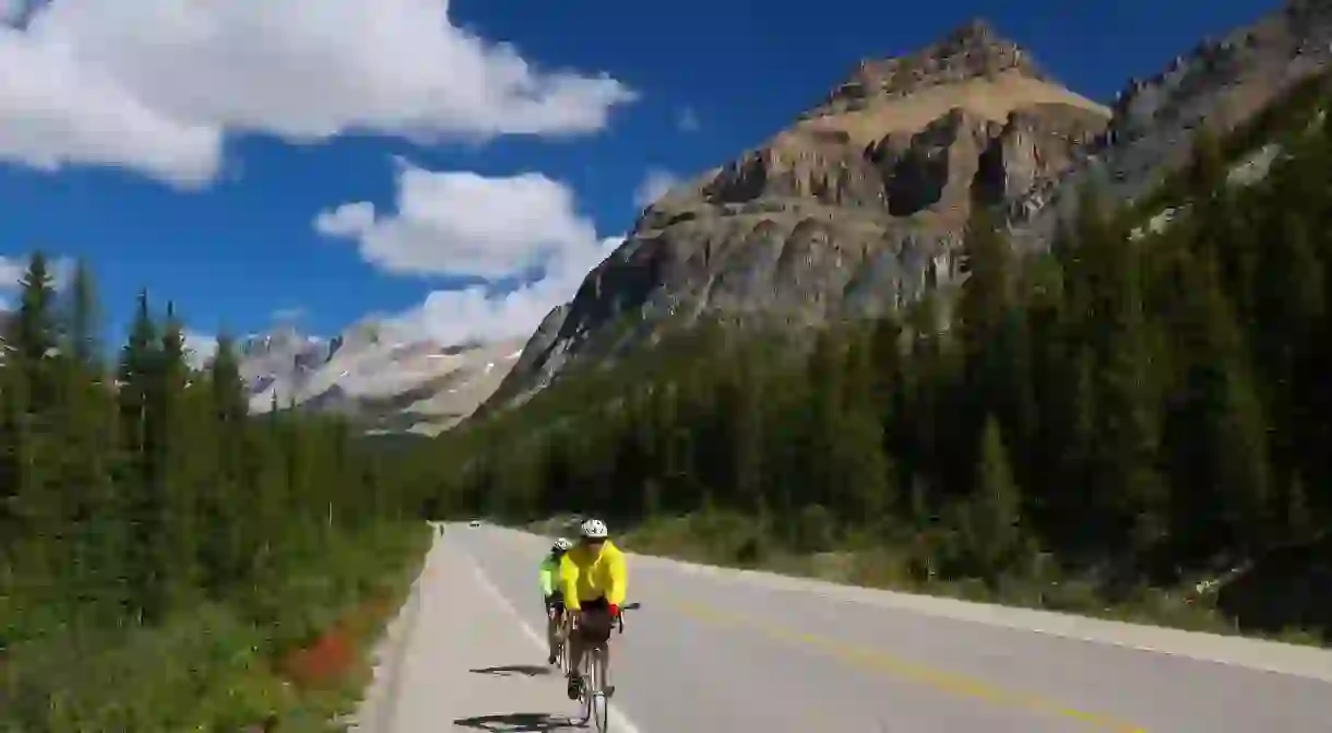 Bicyclists on the Icefields Parkway Banff National Park, Canada, Alberta