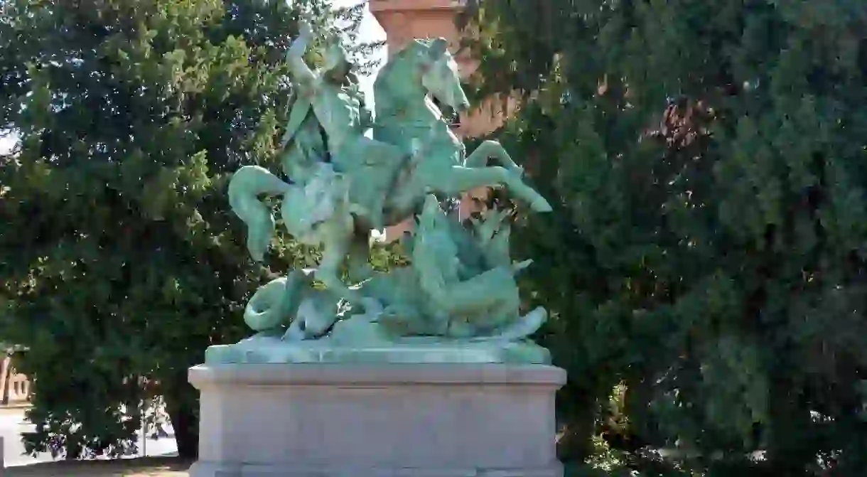 One of Zagrebs most prominent statues is of St. George killing a dragon, located near the National Theatre