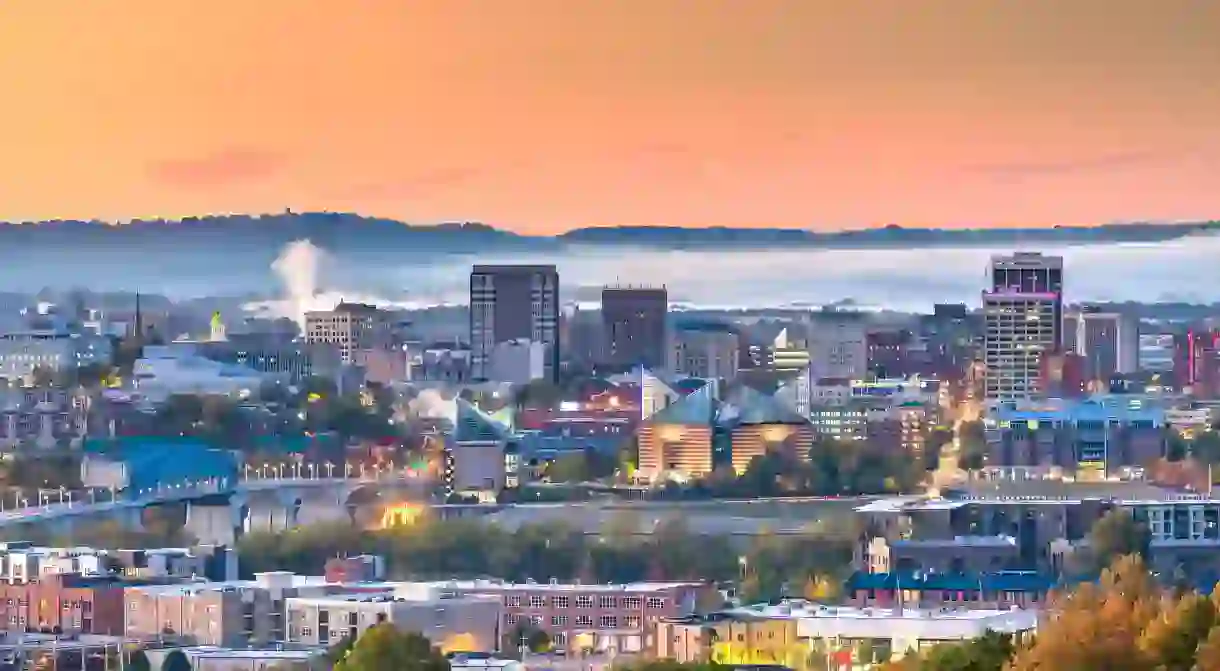 The colorful Memphis downtown city skyline at dusk