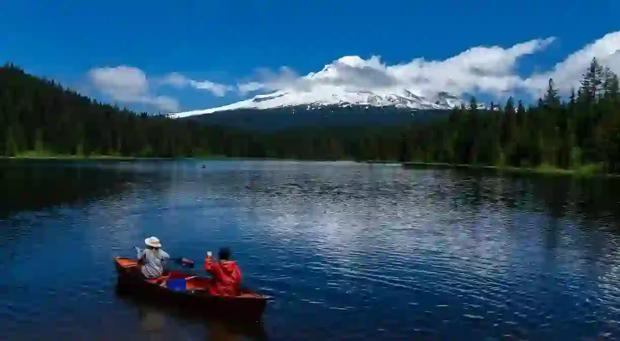 Trillium Lake, near Portland, Oregon, offers plenty of campsites and a variety of water activities