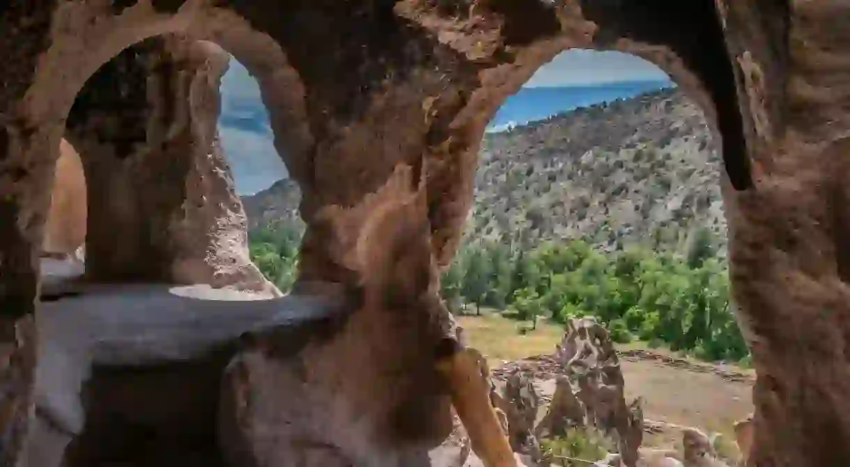 Looking out from a cavate, Bandelier National Monument, Los Alamos, New Mexico