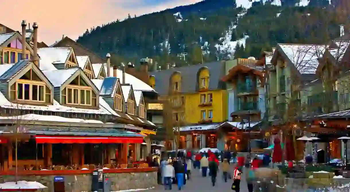 Pedestrian activity along the shops and restaurants in Whistler Village