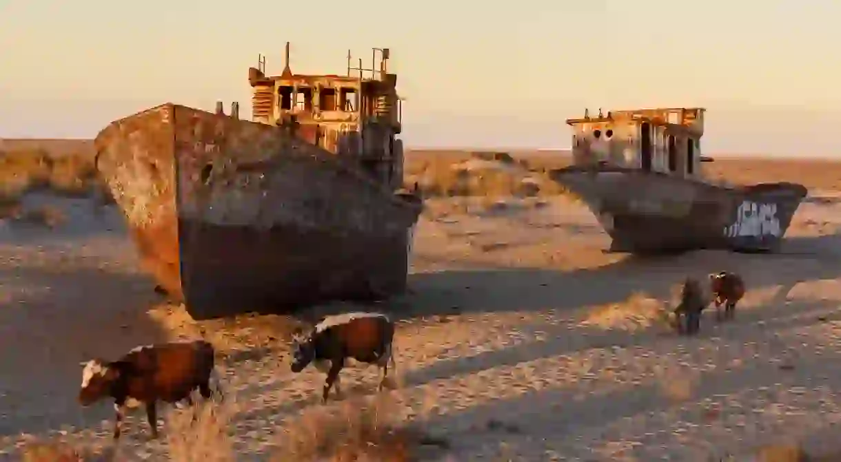 Abandoned ships sit on what was once the Aral Sea, then the fourth largest body of inland water in the world