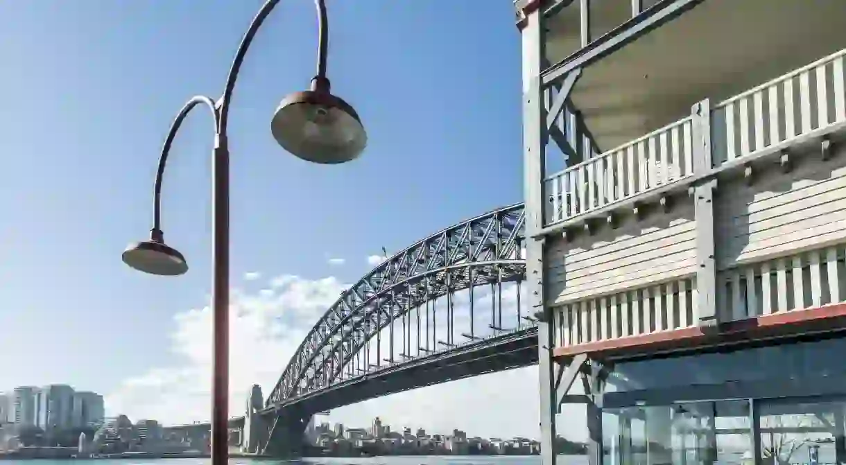 Sydney Harbour Bridge as seen from Pier One in Walsh Bay near the Rocks precinct