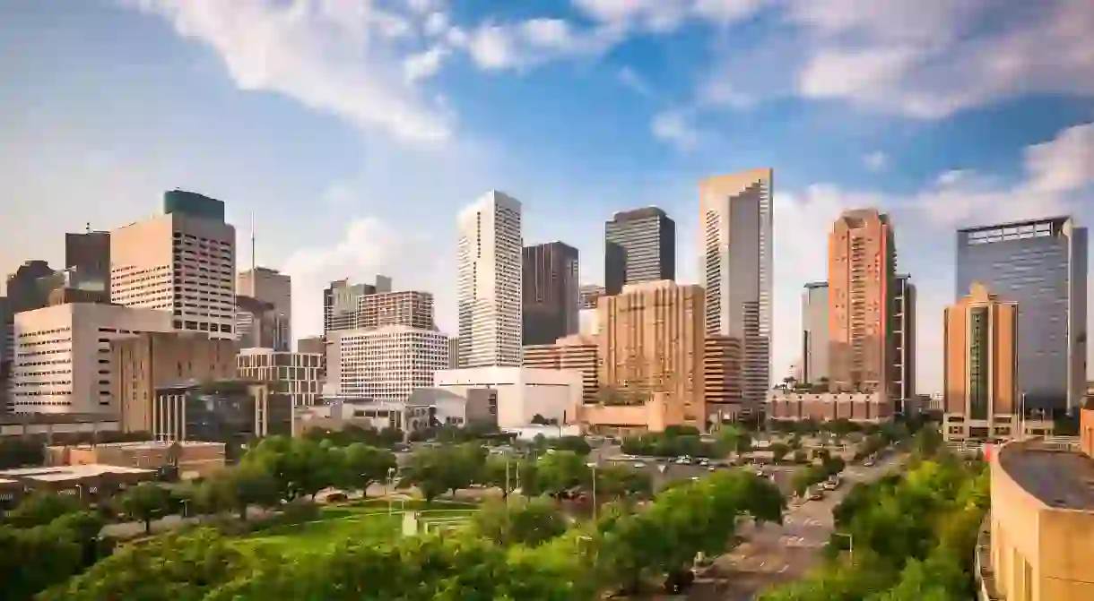 Picture perfect downtown Houston city park and skyline