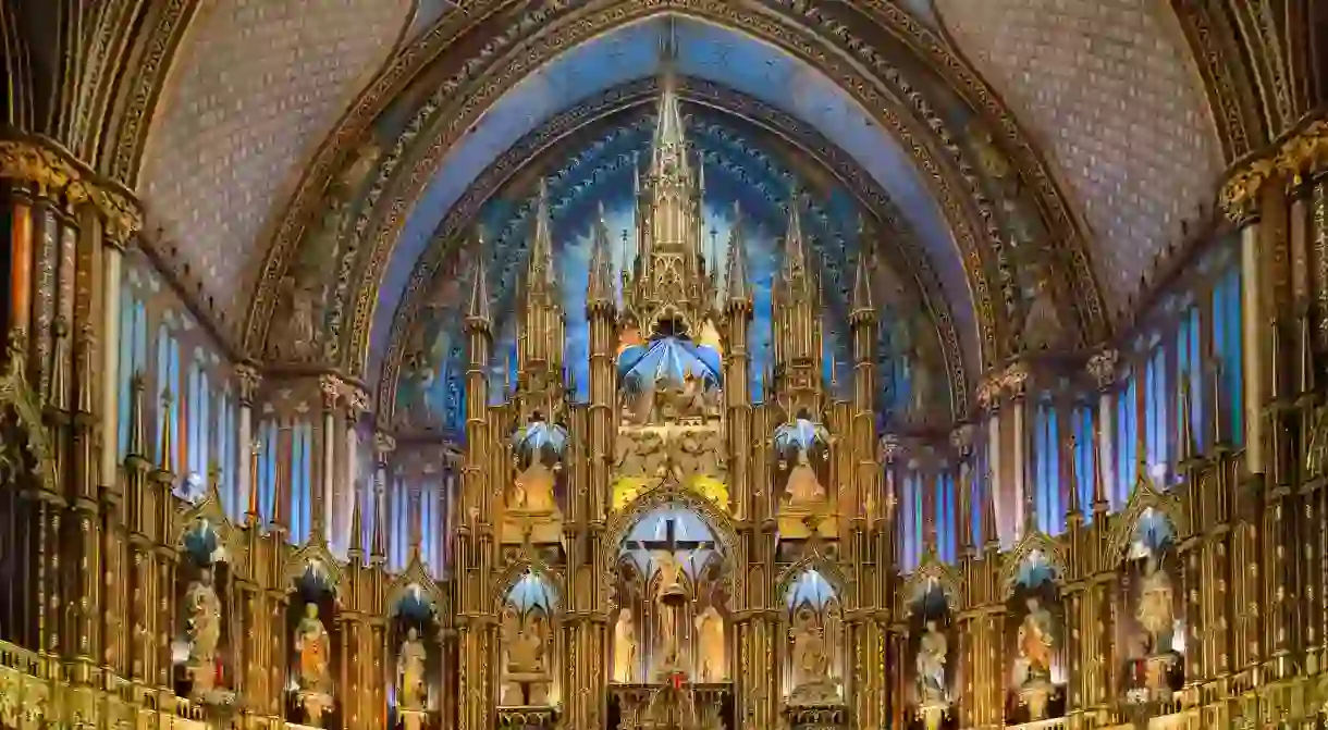 The vast Notre-Dame Basilica in Montreal, built in the 19th century, is a prime example of gothic revival architecture