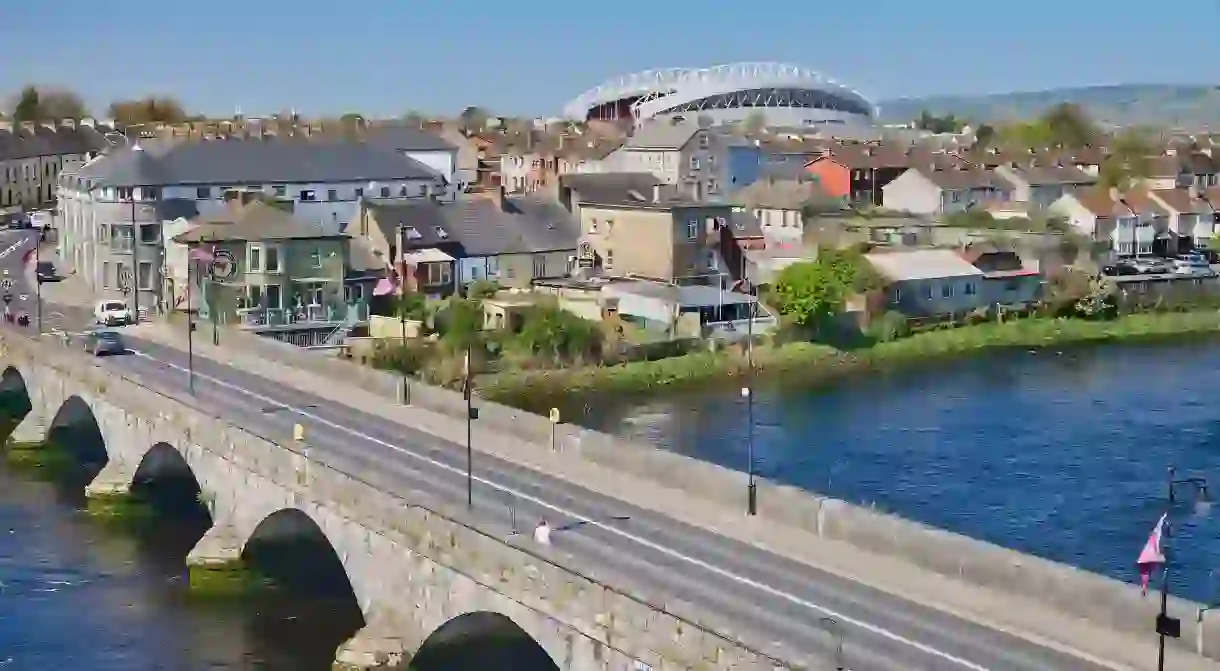 Thomond Park stadium, visible here across the Shannon from St Johns Castle, is home to Munsters formidable rugby team