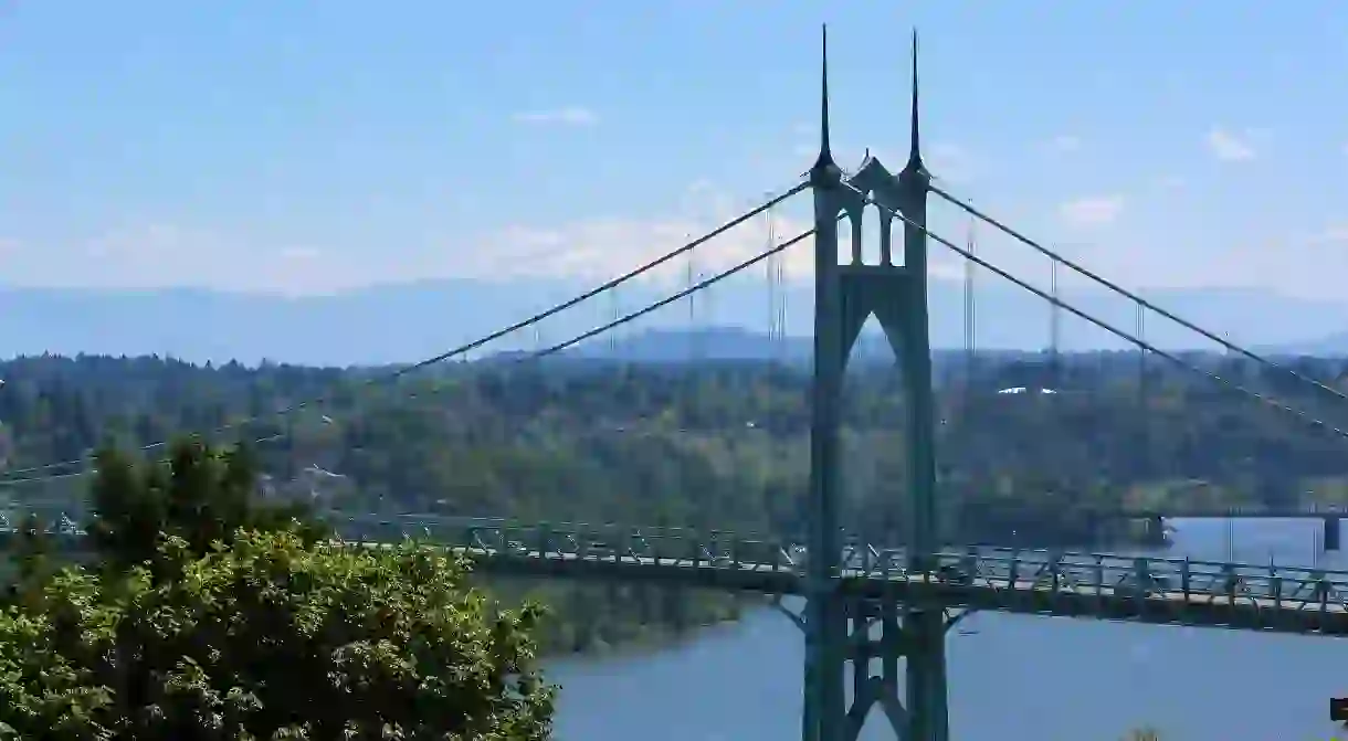 St Johns Bridge and Mount Hood on a beautiful clear sunny day