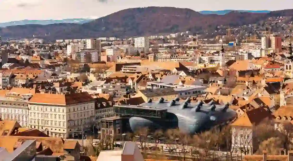 The unusual roof of Kunsthaus art museum in Graz, Austria