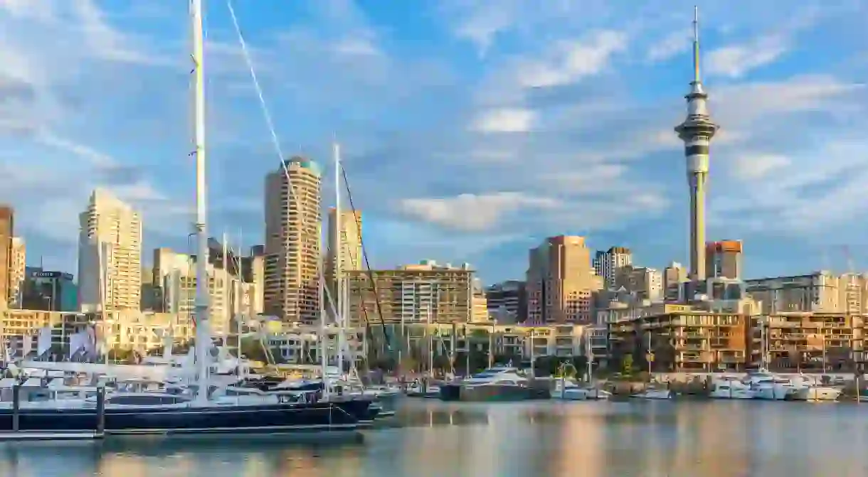 The stunning Auckland skyline as seen from the harbour in the evening