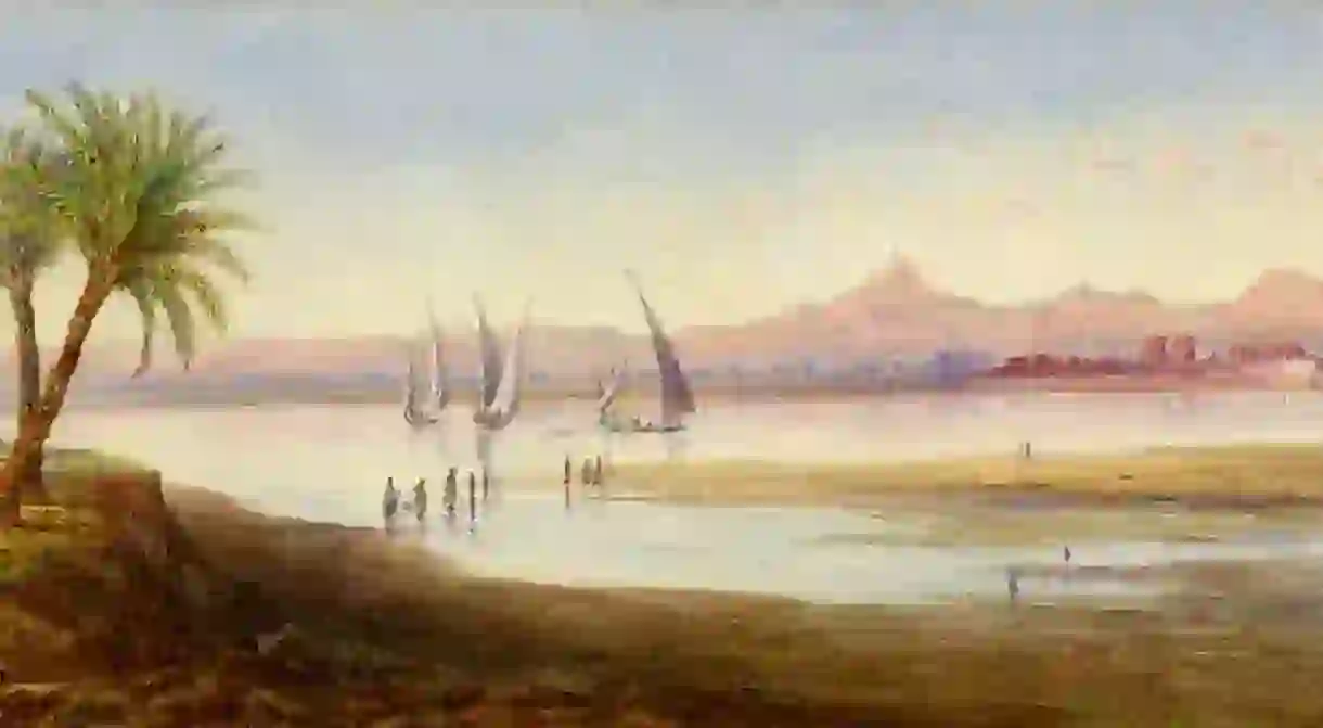 Across the Nile to Luxor, by Lord Henry Scott, 1832-1905; watercolour, heightened with white