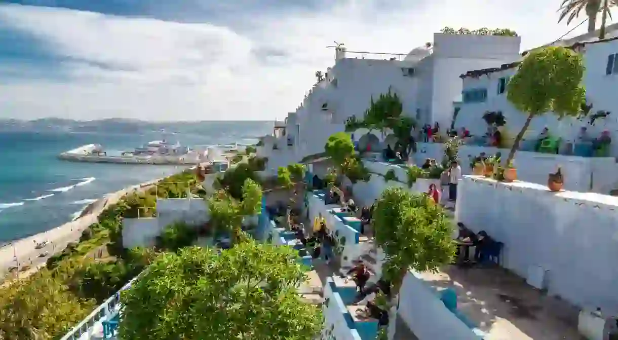 Cafe Hafa, overlooking the Bay of Tangier, Morocco, was popular with writers such as Paul Bowles